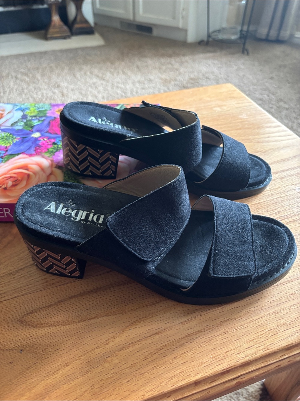 Alegria Black Suede Two-Strap Slip-On Mules with Patterned Block Heel